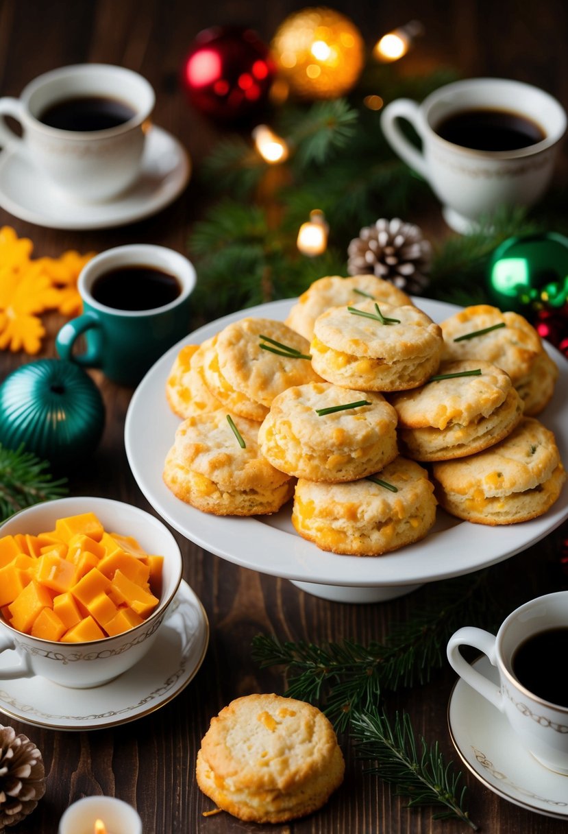 A festive table setting with a platter of golden cheddar and chive biscuits surrounded by holiday decorations and steaming mugs of coffee