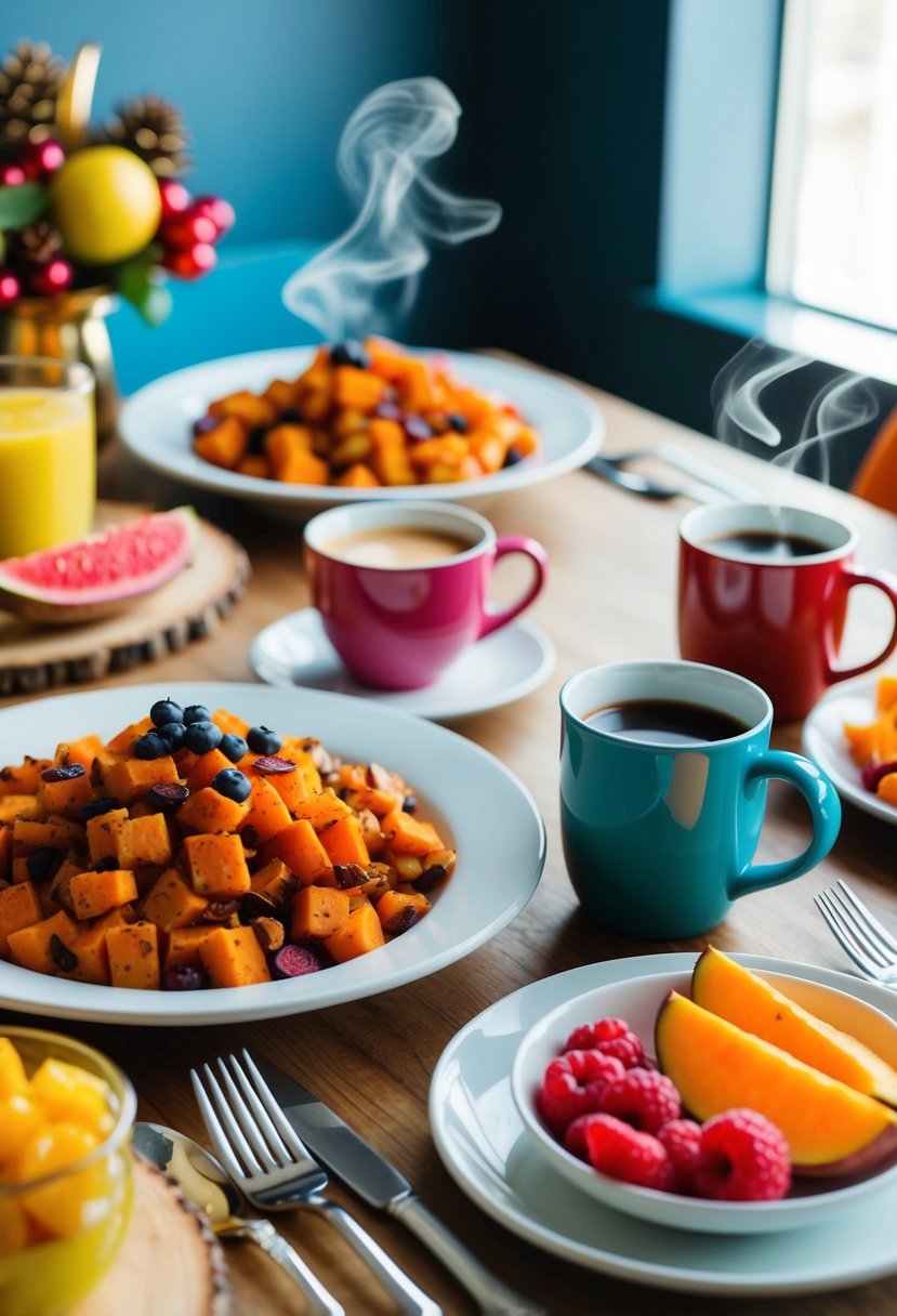 A festive breakfast table with sweet potato hash, colorful fruits, and steaming mugs of coffee