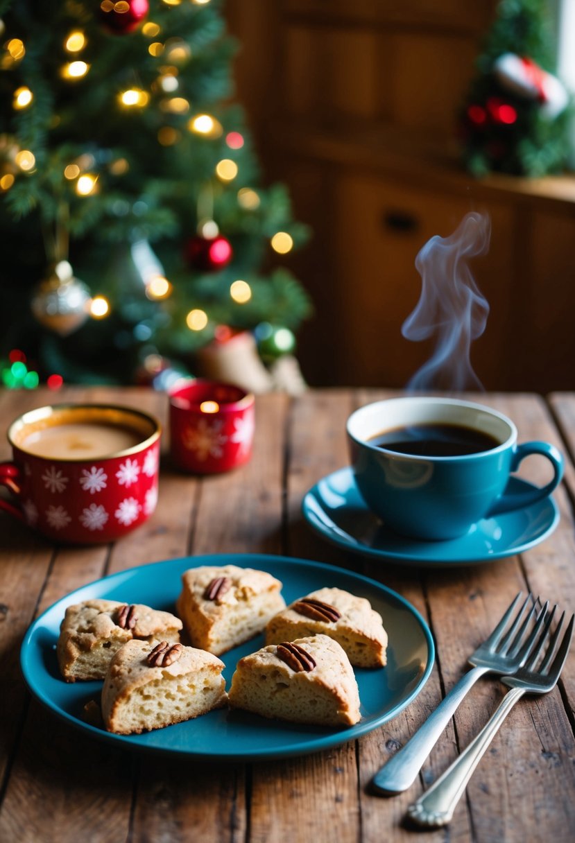 A cozy kitchen scene with a rustic wooden table set with freshly baked maple pecan scones, a steaming cup of coffee, and festive holiday decorations