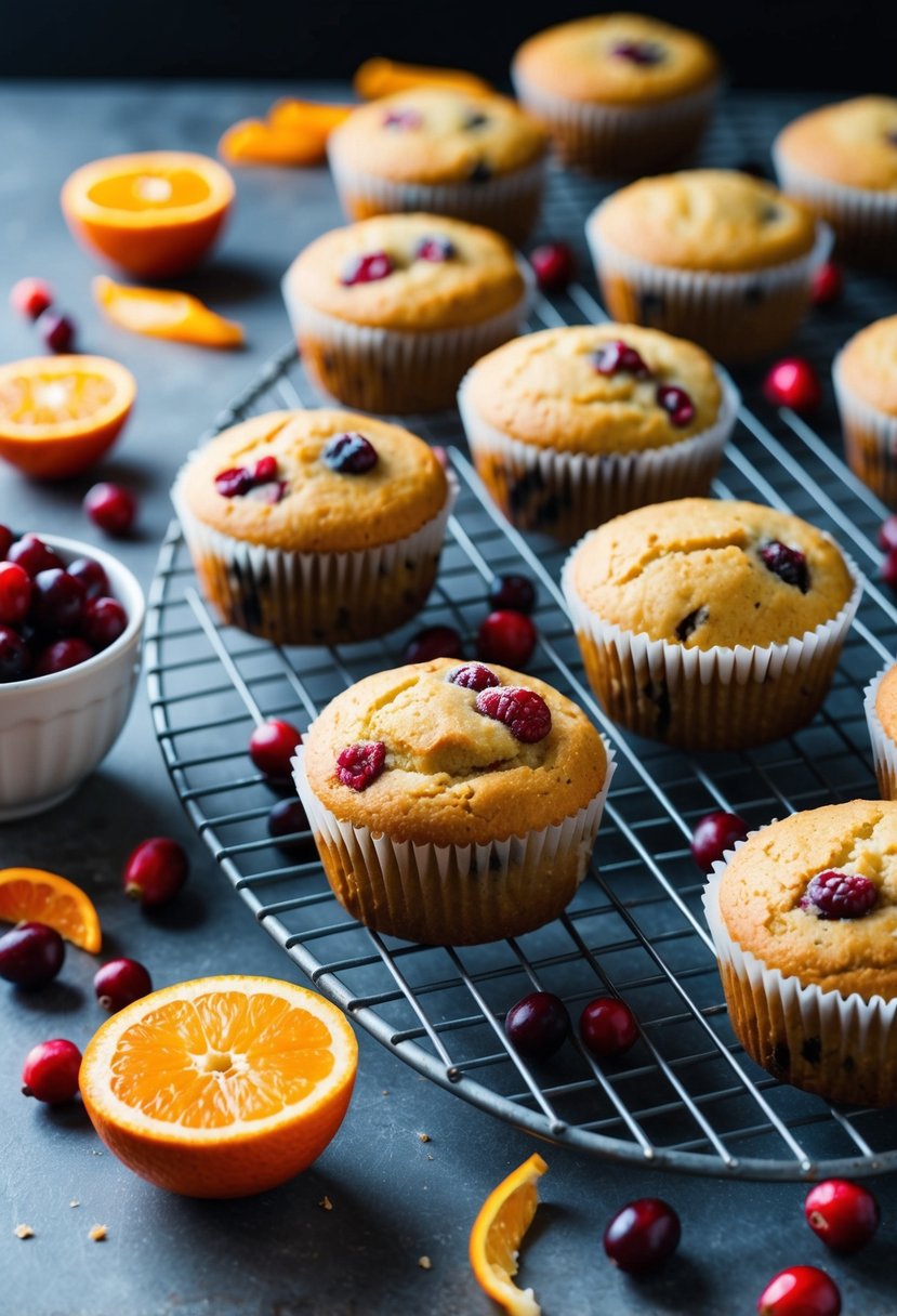 A festive kitchen scene with a batch of cranberry orange muffins cooling on a wire rack, surrounded by scattered orange peels and cranberries