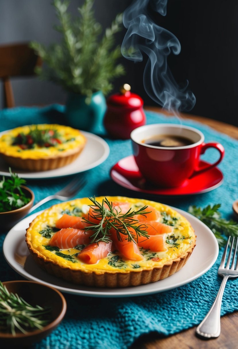 A festive table set with a colorful smoked salmon frittata, fresh herbs, and a steaming cup of coffee