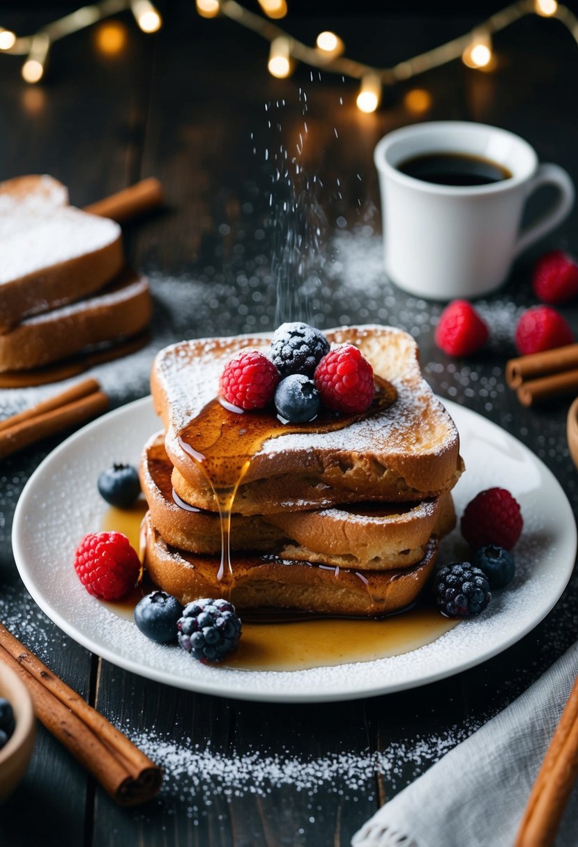 A festive table with gingerbread French toast, topped with powdered sugar and maple syrup, surrounded by cinnamon sticks and fresh berries