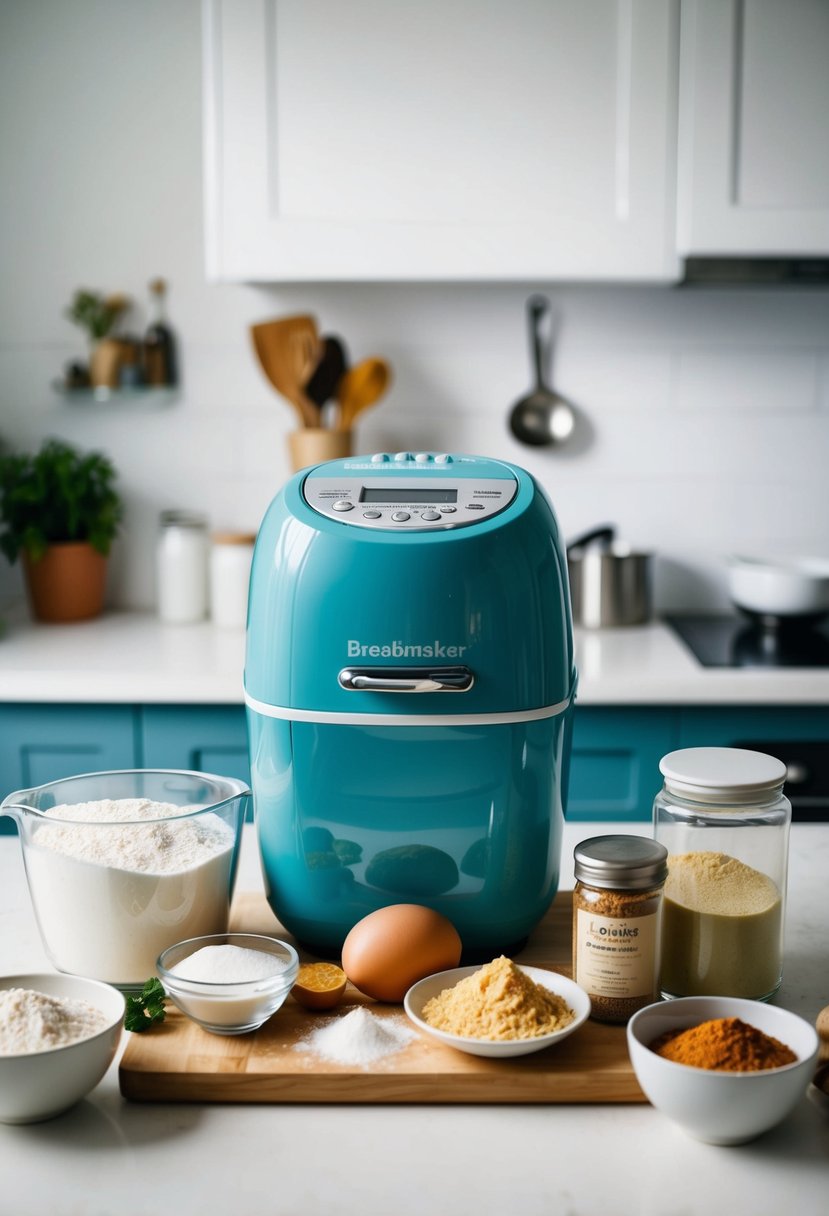 A kitchen counter with a breadmaker surrounded by ingredients like flour, yeast, sugar, and various spices