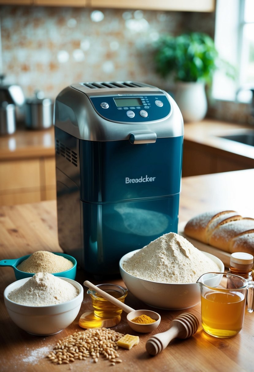 A breadmaker surrounded by whole wheat flour, yeast, honey, and a measuring cup on a kitchen counter