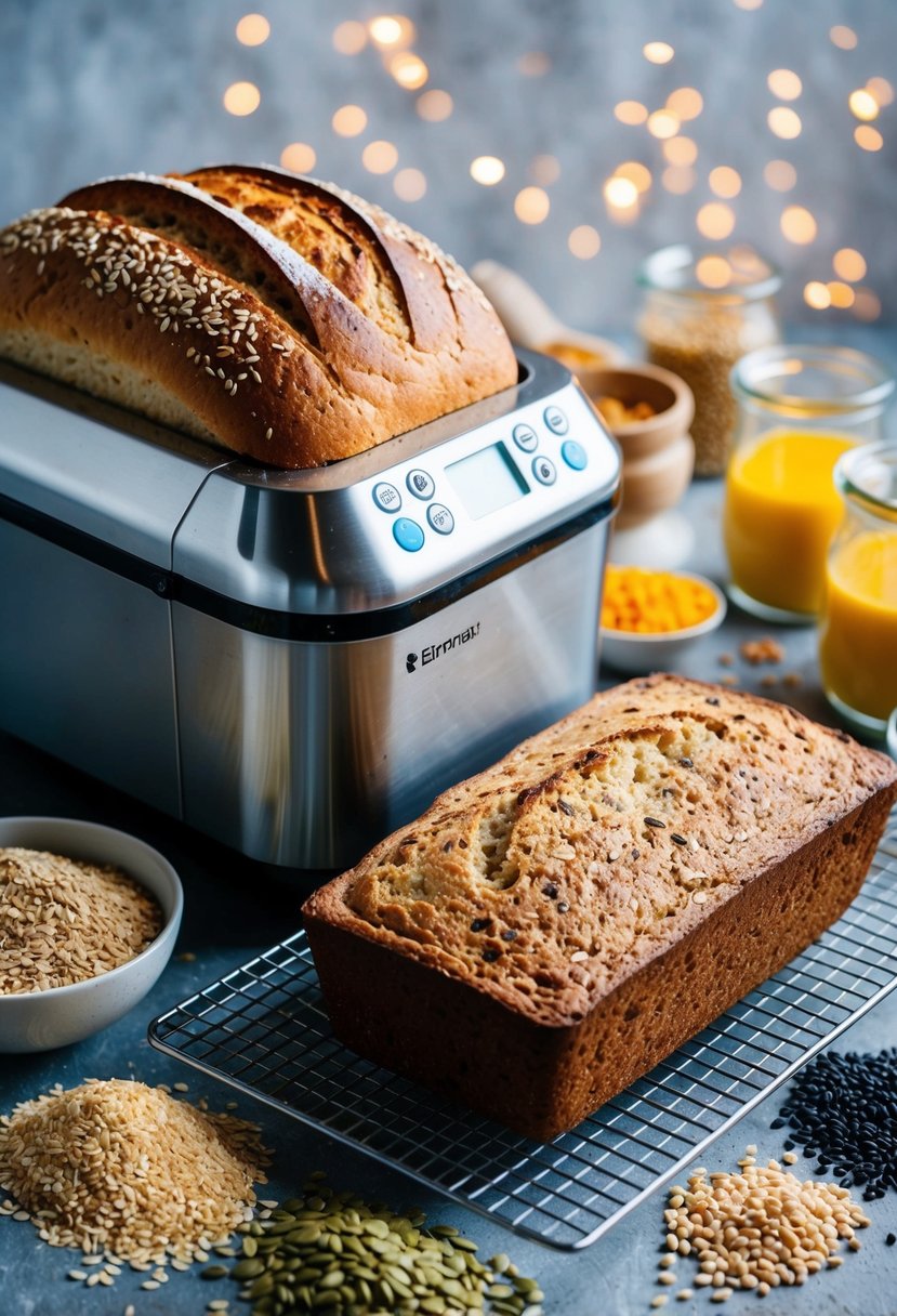 A breadmaker surrounded by various grains and seeds, with a freshly baked multigrain loaf cooling on a wire rack