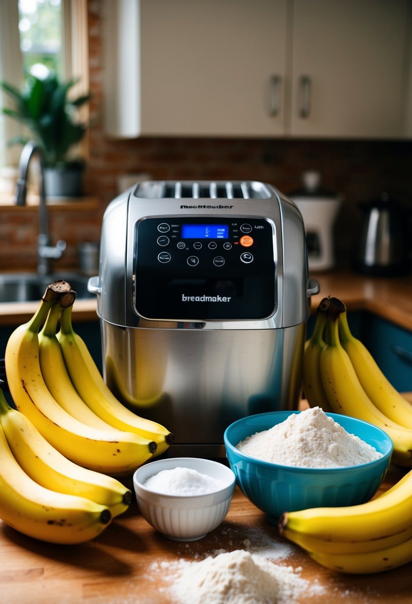 A breadmaker surrounded by ripe bananas, flour, sugar, and a mixing bowl on a kitchen counter