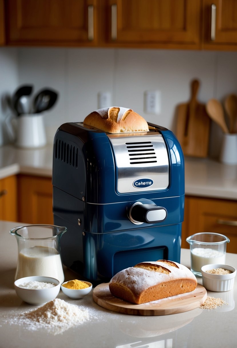 A breadmaker sits on a kitchen counter, surrounded by ingredients like flour, yeast, and salt. A loaf of fresh French bread emerges from the machine