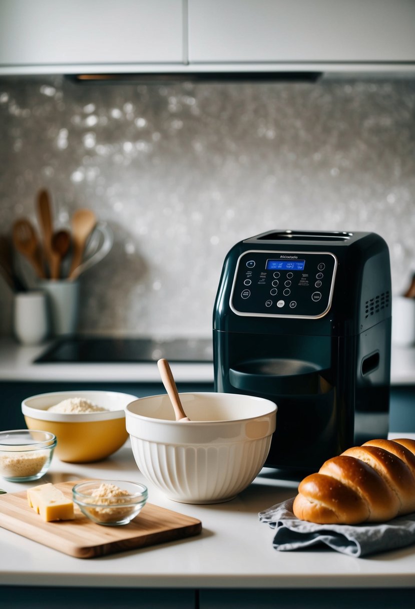 A kitchen counter with ingredients, a mixing bowl, and a bread machine ready to make challah bread