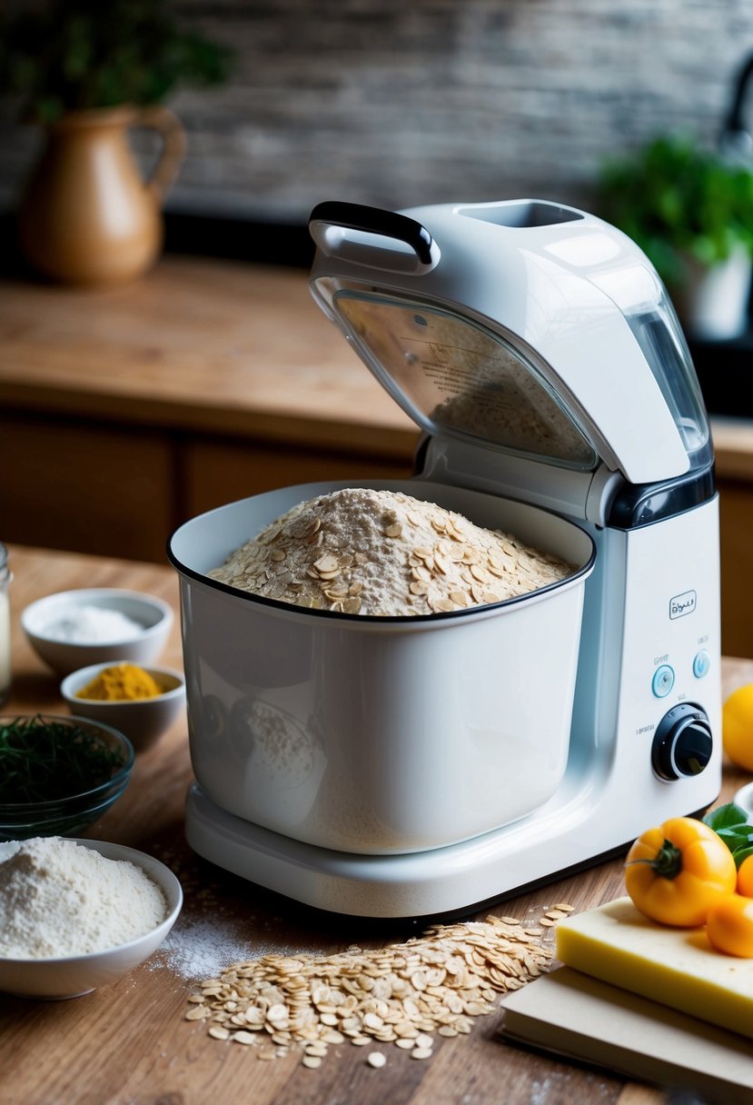 A breadmaker mixing oats and flour, surrounded by ingredients and a recipe book