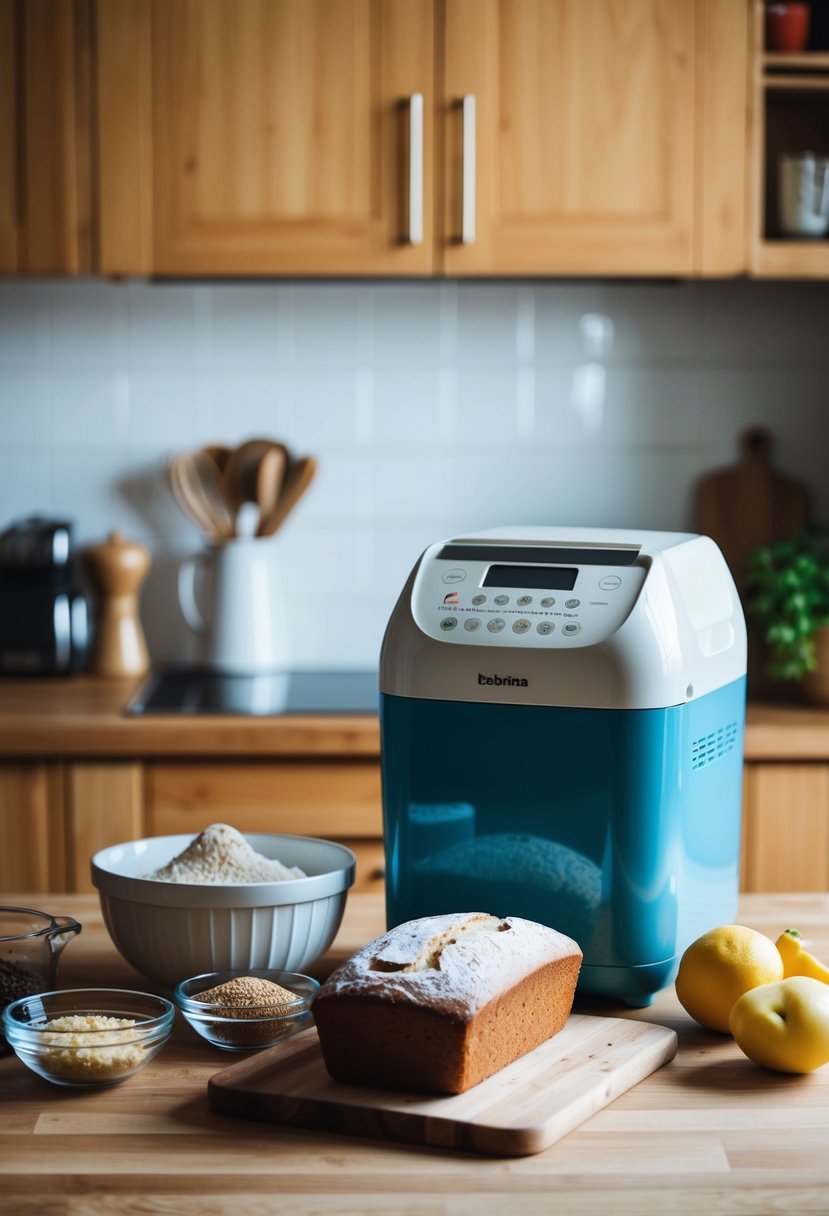 A kitchen counter with ingredients, a bread maker, and a loaf of country white bread