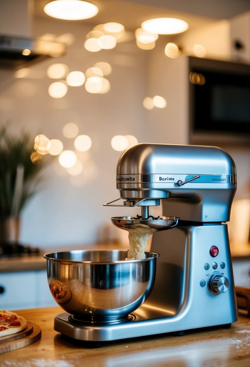 A breadmaker mixing pizza dough ingredients in a stainless steel bowl on a kitchen counter