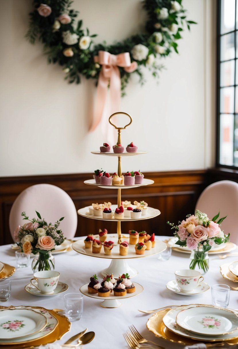 A table set with floral dishes, teacups, and a tiered cake stand displaying mini desserts and finger foods. Bouquets and ribbons decorate the room