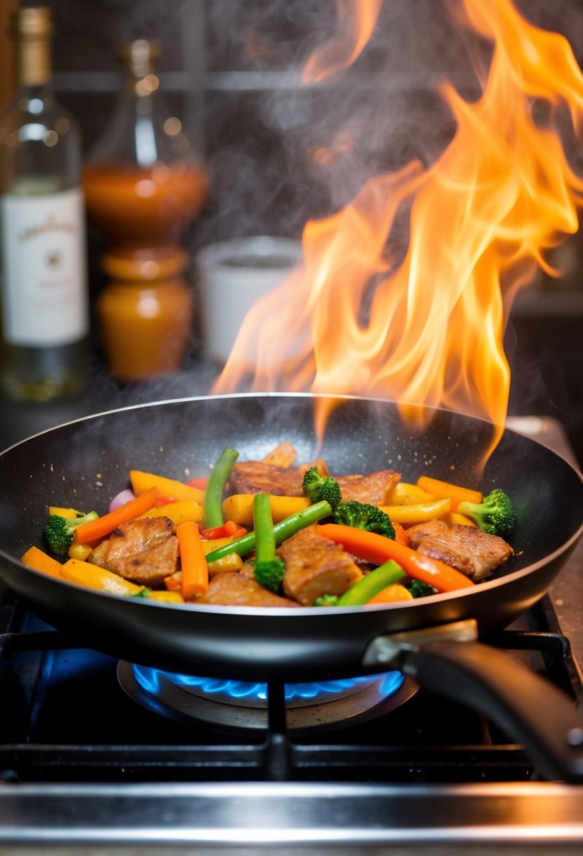 A sizzling stir fry pan with colorful vegetables and meat cooking over a hot flame