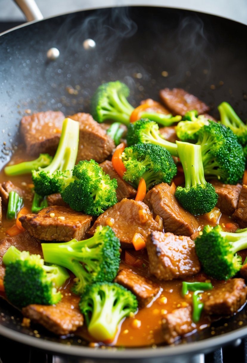 A sizzling wok filled with tender beef, vibrant green broccoli florets, and a savory stir fry sauce bubbling and steaming