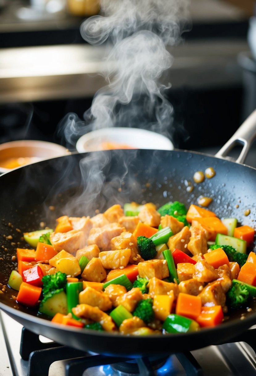 A sizzling wok with colorful vegetables and diced chicken cooking in a glossy honey soy sauce, steam rising