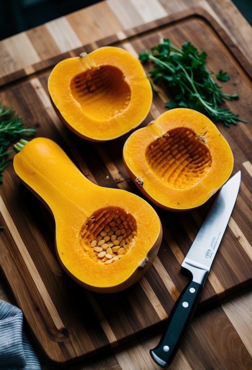 A wooden cutting board with halved butternut squash, a chef's knife, and scattered herbs