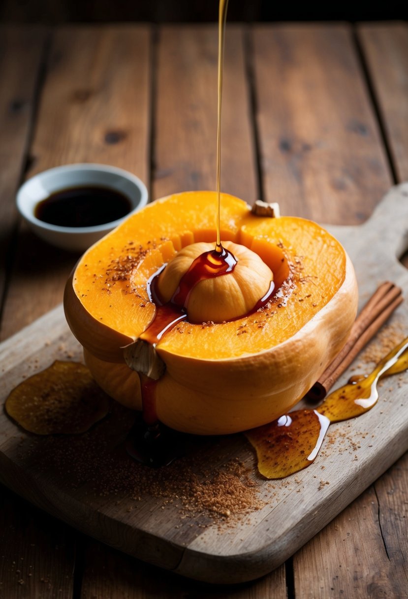 A golden butternut squash drizzled with maple syrup and sprinkled with cinnamon sits on a rustic wooden cutting board