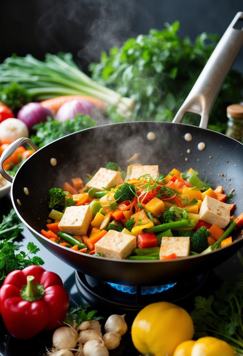 A sizzling wok filled with colorful vegetables and tofu, surrounded by an array of fresh produce and aromatic herbs