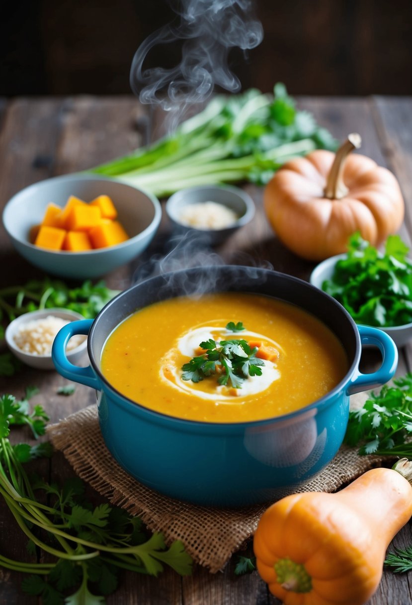 A steaming pot of butternut squash soup with coconut milk, surrounded by fresh vegetables and herbs on a rustic wooden table