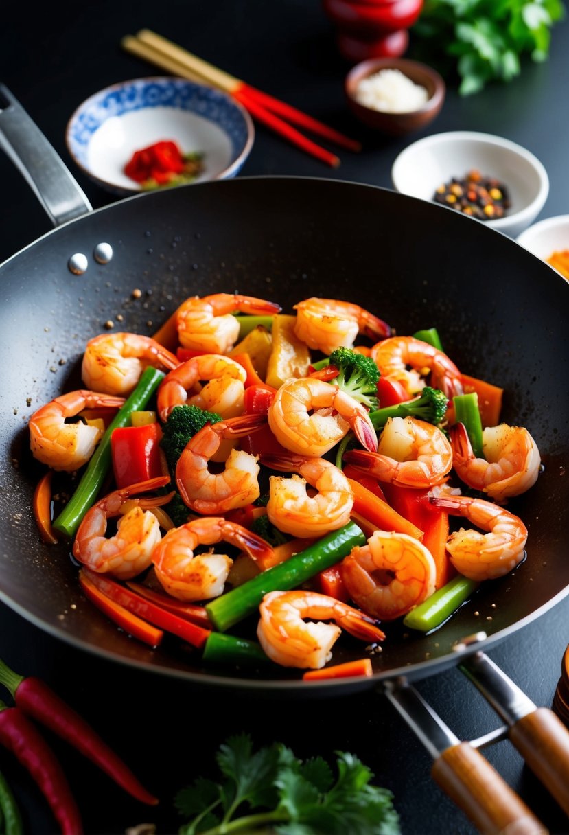 A sizzling wok filled with vibrant red Szechwan shrimp, colorful vegetables, and aromatic spices