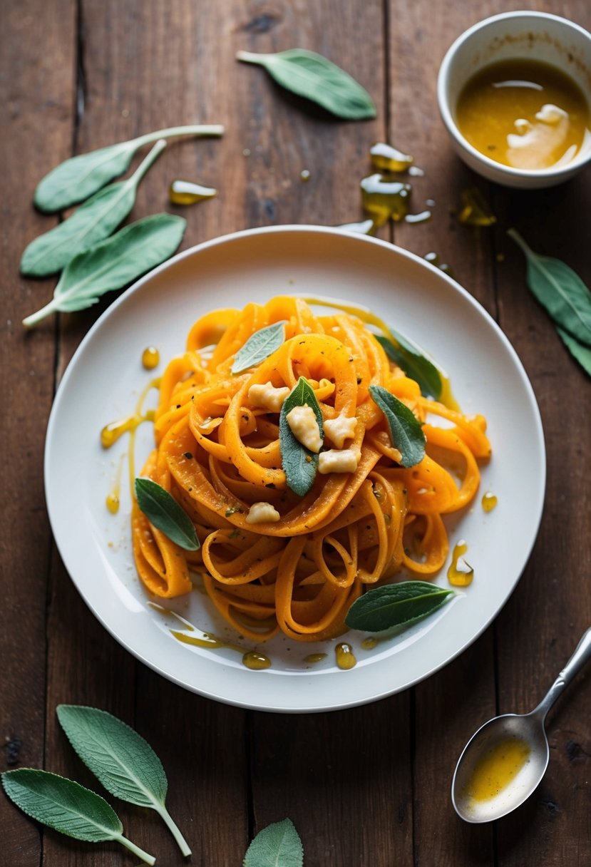 A steaming plate of butternut squash pasta with sage and brown butter sits on a rustic wooden table, surrounded by scattered sage leaves and a drizzle of melted butter