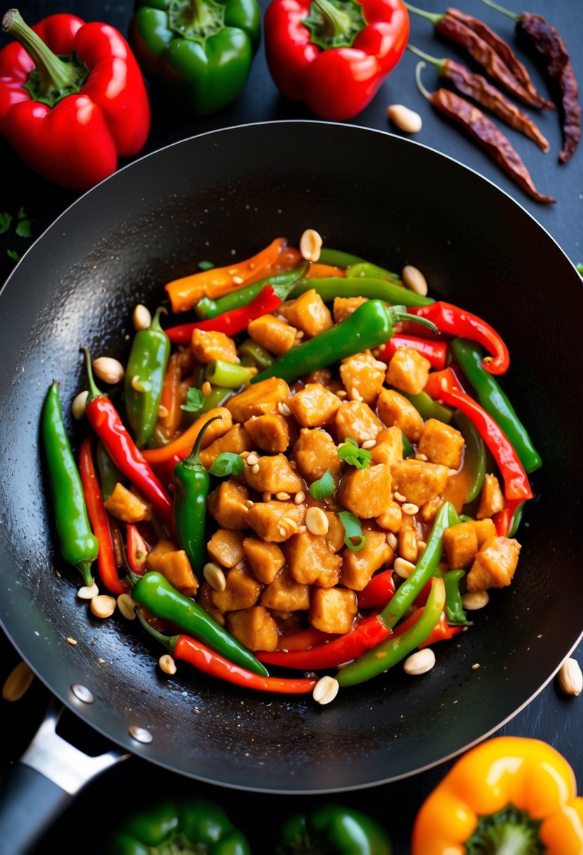 A sizzling wok with sizzling Kung Pao Chicken, surrounded by vibrant red and green peppers, peanuts, and dried chili peppers