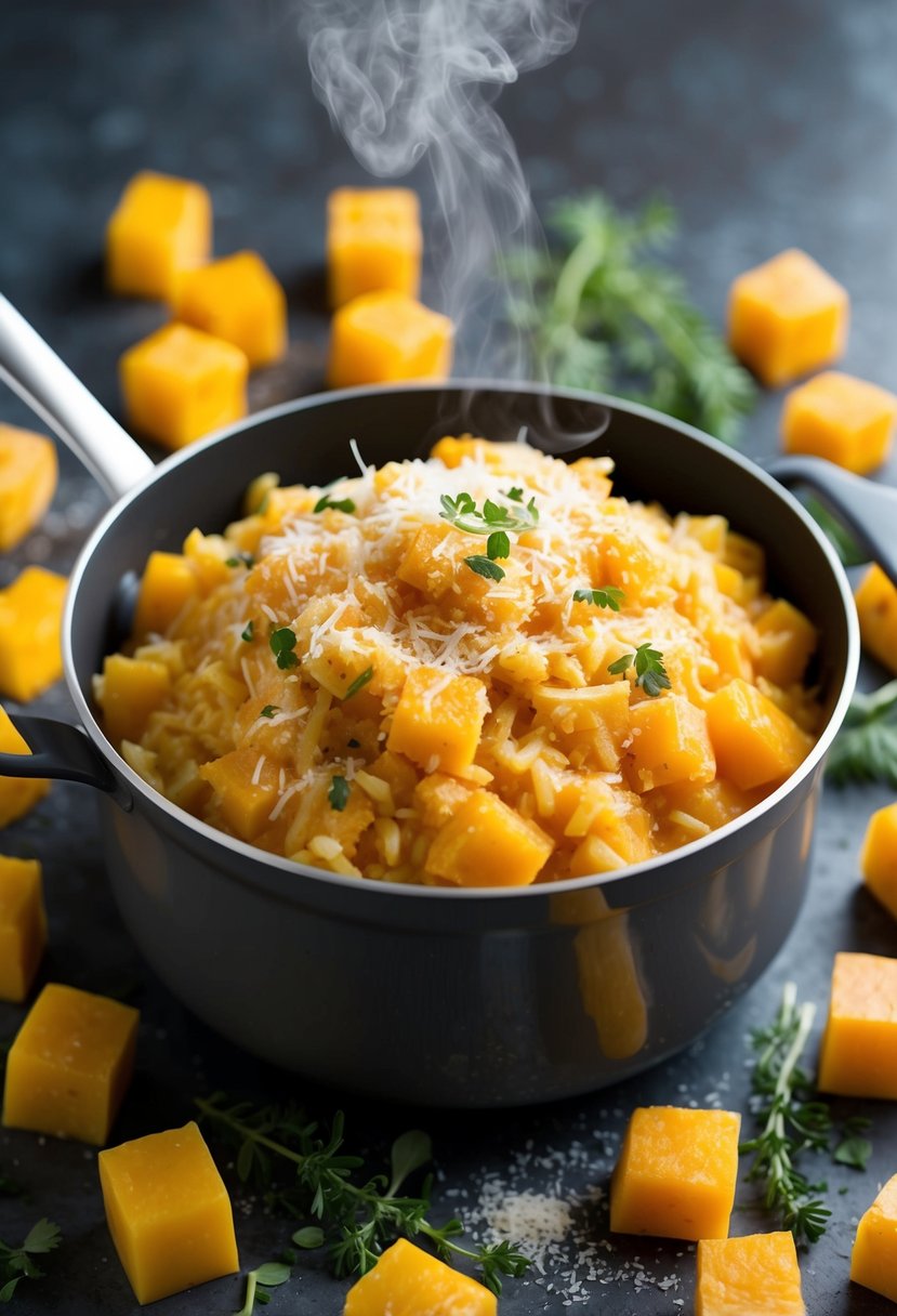 A steaming pot of creamy butternut squash risotto topped with freshly grated Parmesan cheese, surrounded by scattered butternut squash cubes and sprigs of fresh herbs