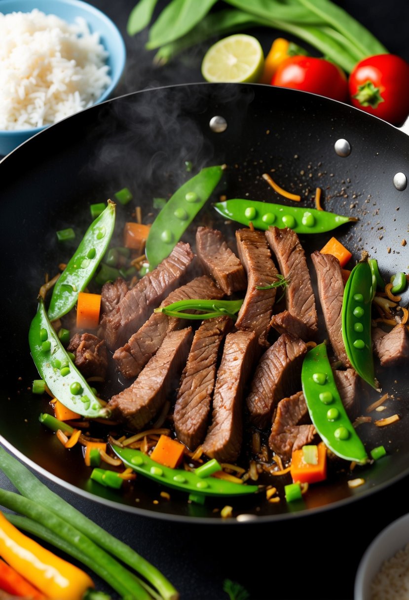 A wok sizzling with tender strips of beef, crisp snow peas, and aromatic Asian spices, surrounded by colorful vegetables and a steaming bowl of rice