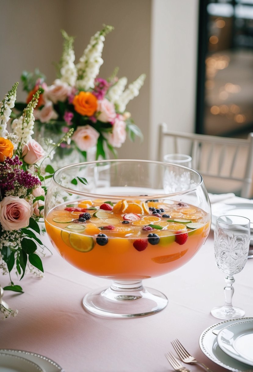 A table set with a large glass punch bowl filled with a fruity and colorful bridal shower punch, surrounded by delicate floral arrangements and elegant glassware