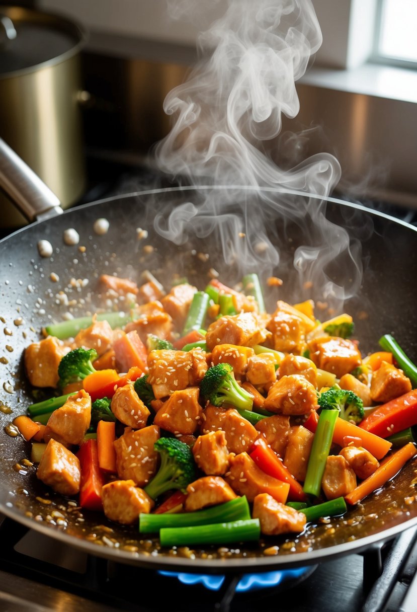 A sizzling wok filled with colorful vegetables, tender chunks of chicken, and glossy teriyaki sauce. Steam rises as the ingredients are tossed together over high heat