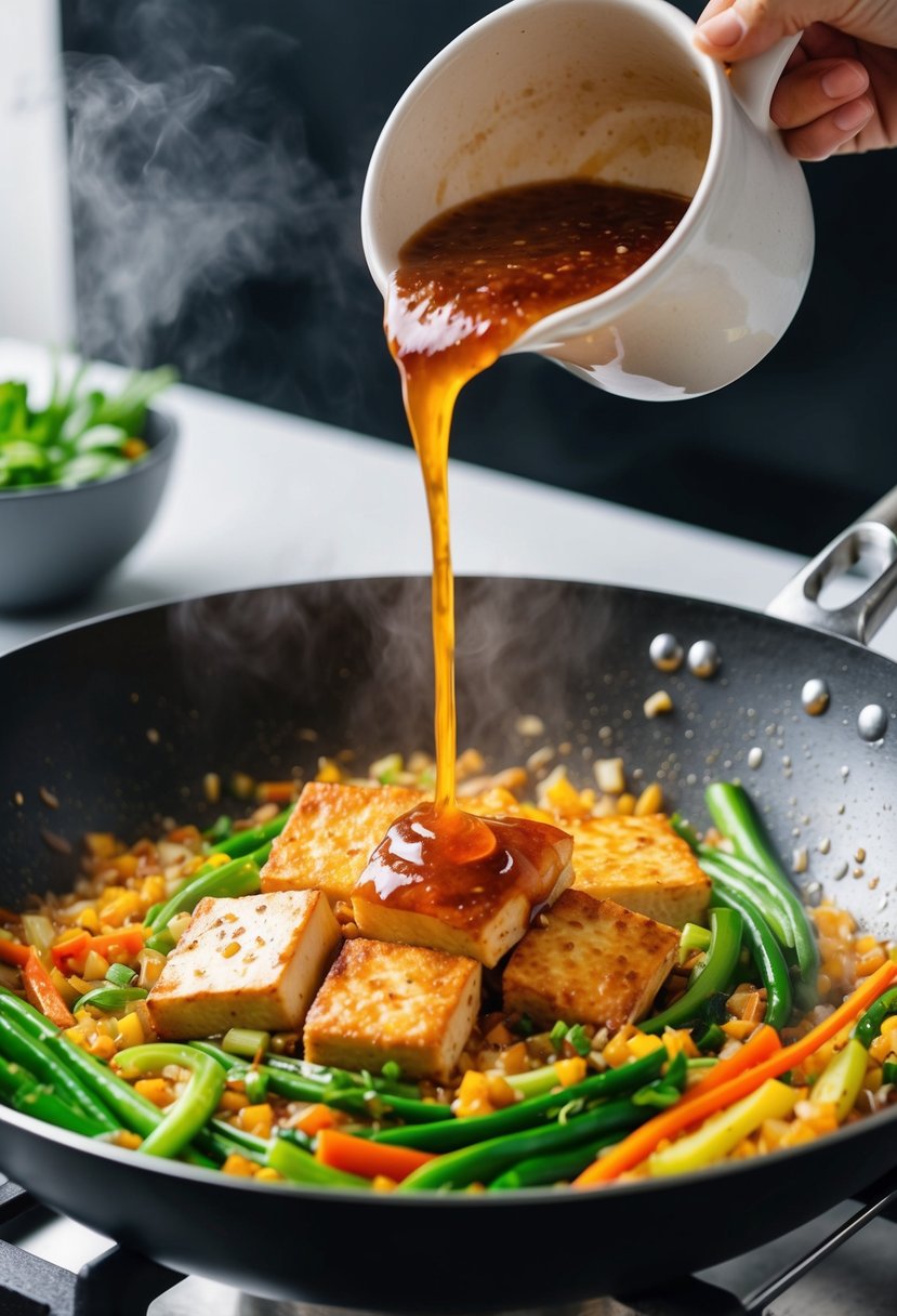 A bubbling wok with colorful vegetables and sizzling tofu, as a sweet and savory stir fry sauce is poured over the ingredients