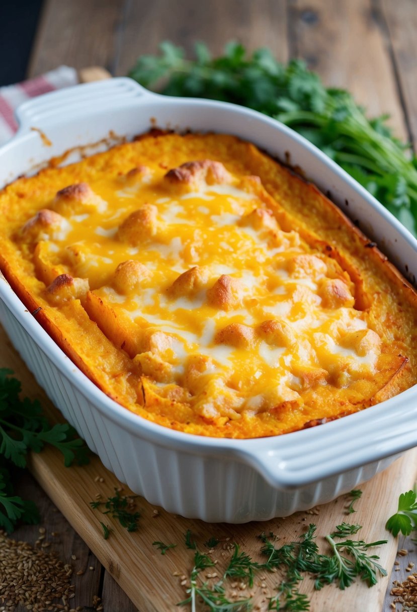 A golden-brown butternut squash casserole sits in a white baking dish, topped with a generous layer of melted cheese. The dish is surrounded by scattered fresh herbs and spices