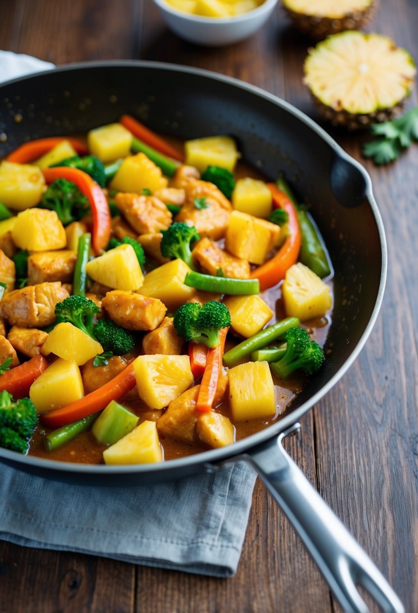 A sizzling skillet of pineapple chicken stir fry with colorful vegetables and juicy chunks of pineapple cooking in a savory sauce