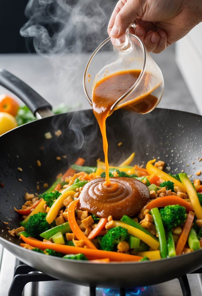 A wok sizzling with colorful vegetables and a glossy stir fry sauce being poured over them. Steam rises as the ingredients are tossed together