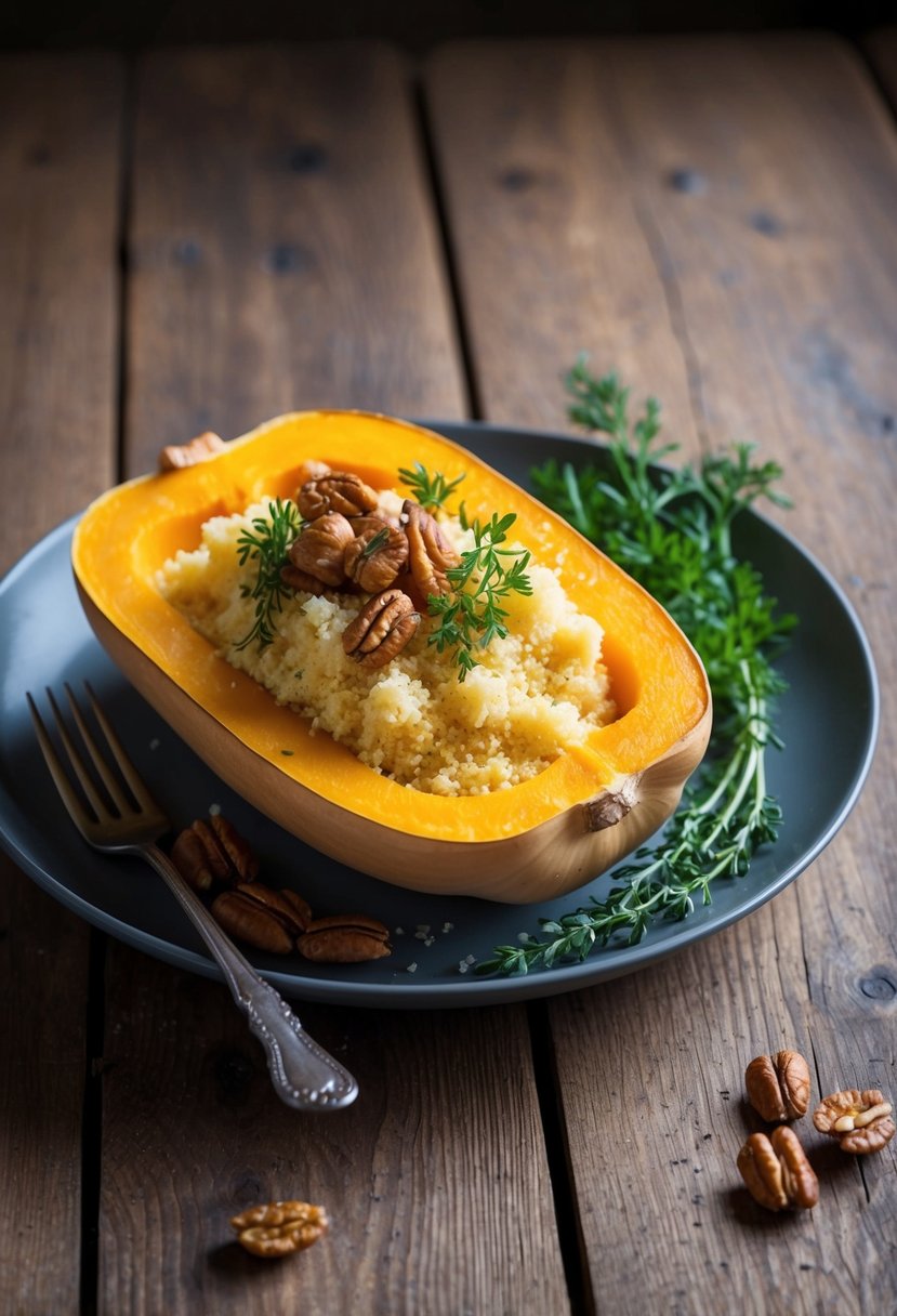 A halved butternut squash filled with fluffy couscous, topped with fresh herbs and roasted nuts on a rustic wooden table