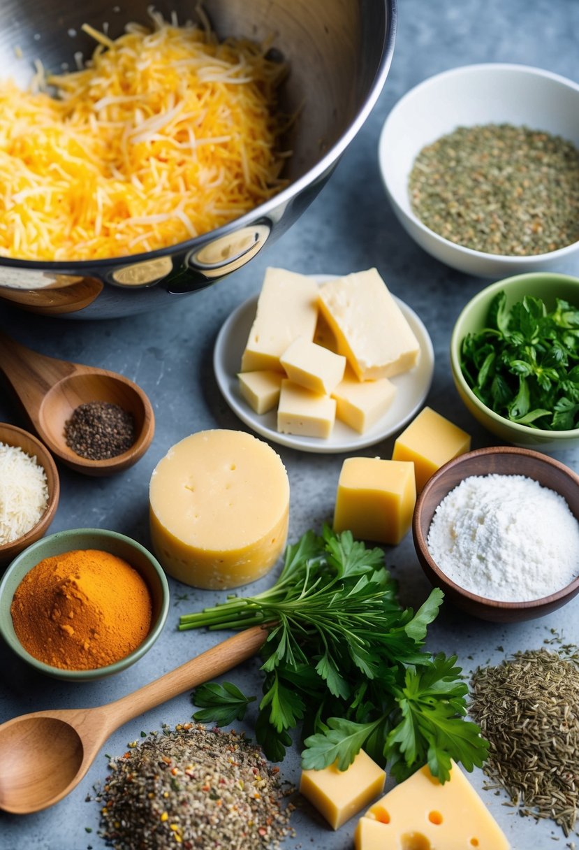 A colorful array of ingredients surround a large mixing bowl, including various cheeses, herbs, and spices. A wooden spoon sits nearby, ready for stirring