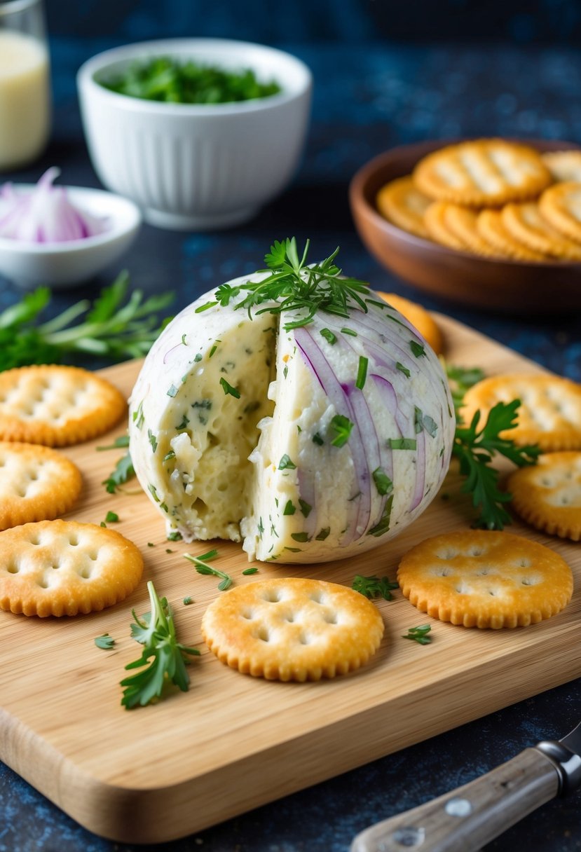 A wooden cutting board with a classic cheese and onion ball surrounded by crackers and garnished with fresh herbs