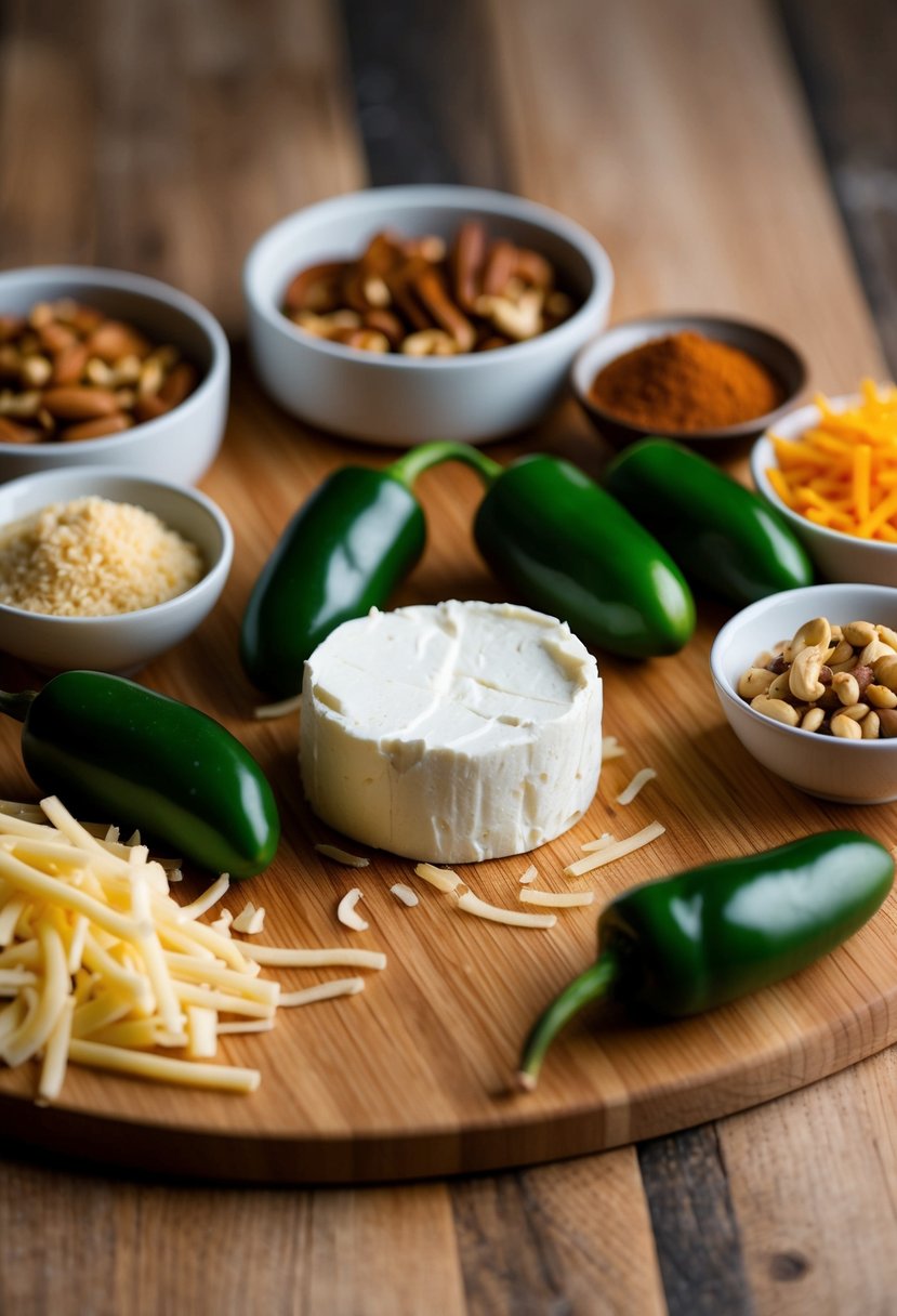 A wooden cutting board with jalapeños, cream cheese, and shredded cheese, surrounded by small bowls of spices and nuts