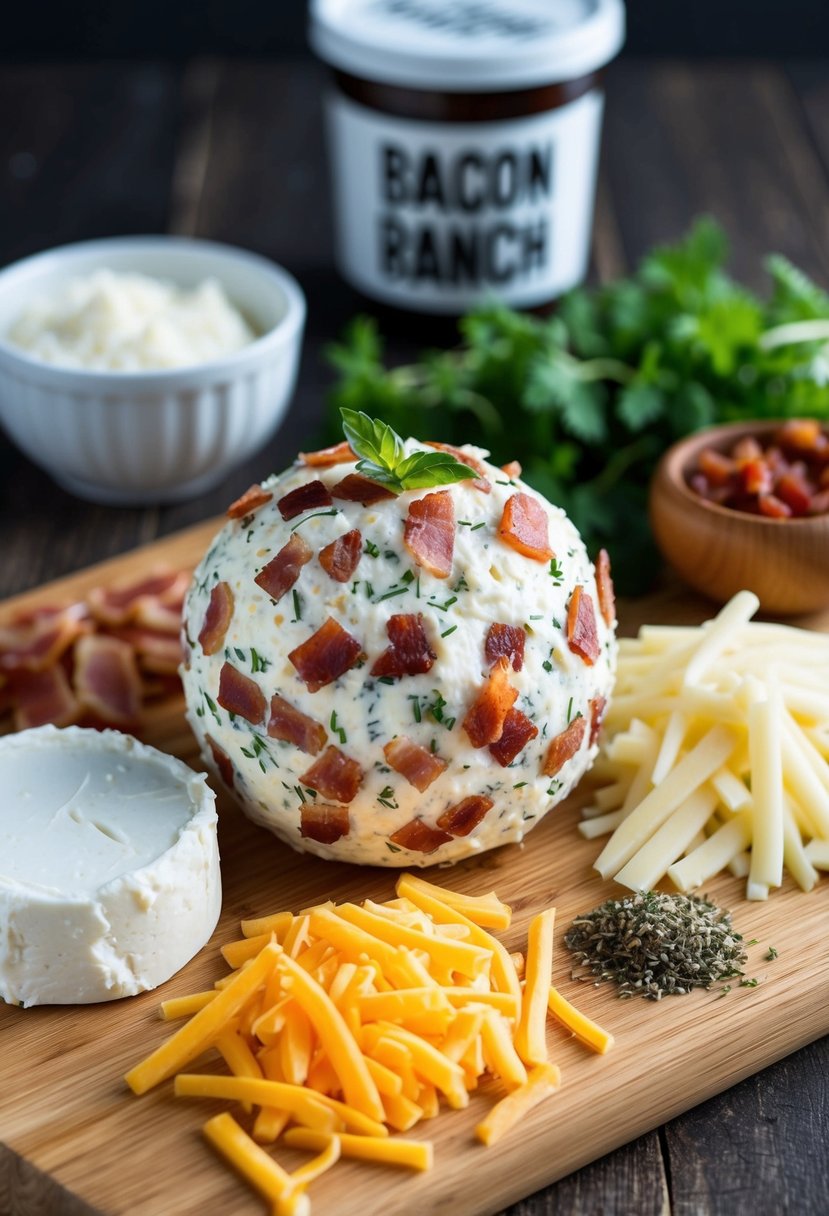 A wooden cutting board with ingredients for a bacon ranch cheese ball: cream cheese, shredded cheese, bacon bits, and herbs