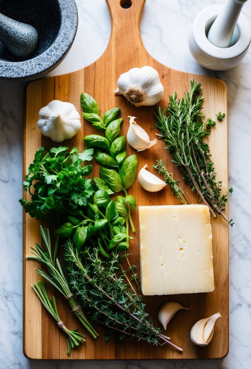 A wooden cutting board with assorted fresh herbs, garlic cloves, and a block of cheese, surrounded by a mortar and pestle and a mixing bowl