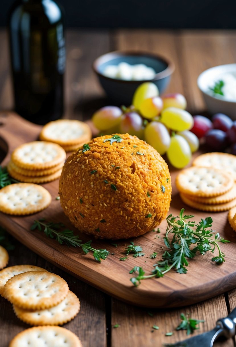 A wooden cheese board with a smoky chipotle cheese ball, surrounded by crackers, grapes, and herbs