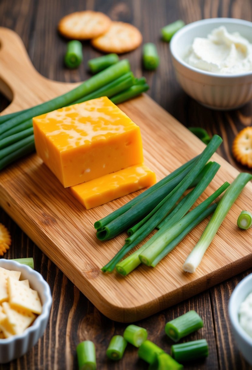 A wooden cutting board with cheddar and green onions, surrounded by ingredients like cream cheese and crackers