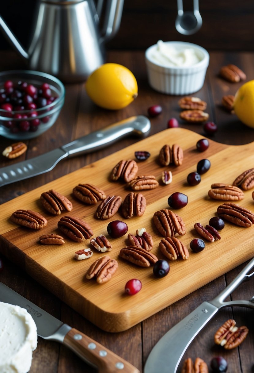 A wooden cutting board with pecans, cranberries, and cream cheese surrounded by kitchen utensils