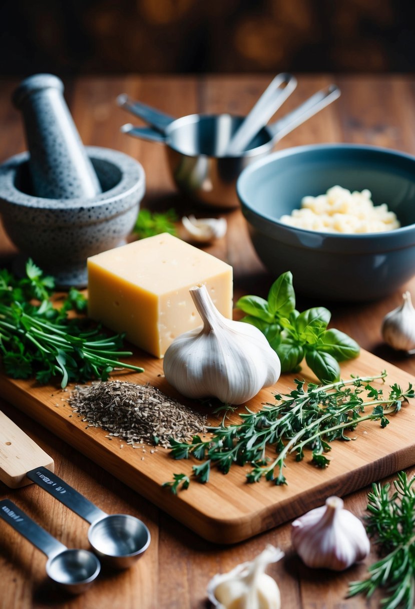 A wooden cutting board with assorted herbs, garlic, and a block of cheese, surrounded by a mortar and pestle, measuring spoons, and a mixing bowl