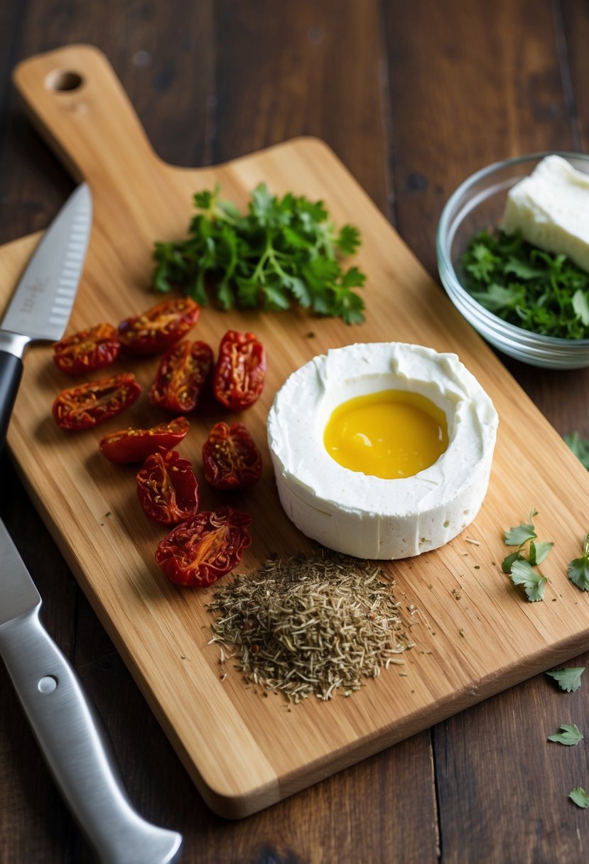 A wooden cutting board with various ingredients scattered around, including sun-dried tomatoes, cream cheese, and herbs