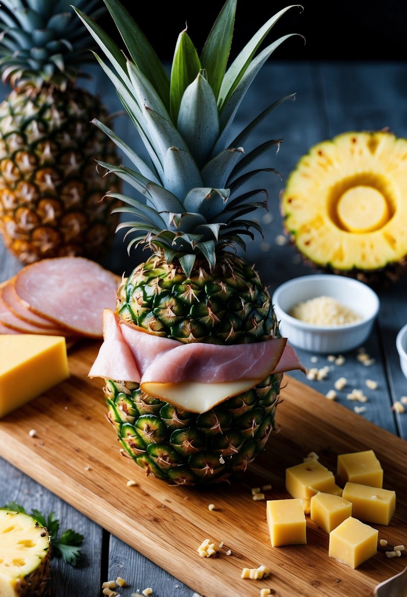 A wooden cutting board with a pineapple, ham, and cheese arranged in a ball shape. Ingredients scattered around