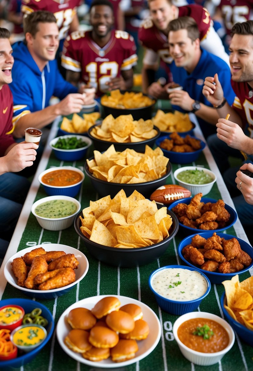 A table filled with a variety of game day snacks, including nachos, chicken wings, sliders, and dips, surrounded by eager football fans