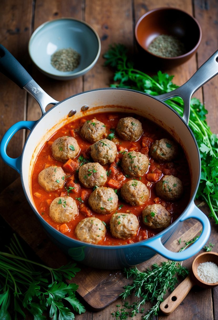 A large pot simmering with homemade meatballs in a rich tomato sauce, surrounded by fresh herbs and spices on a rustic wooden kitchen counter