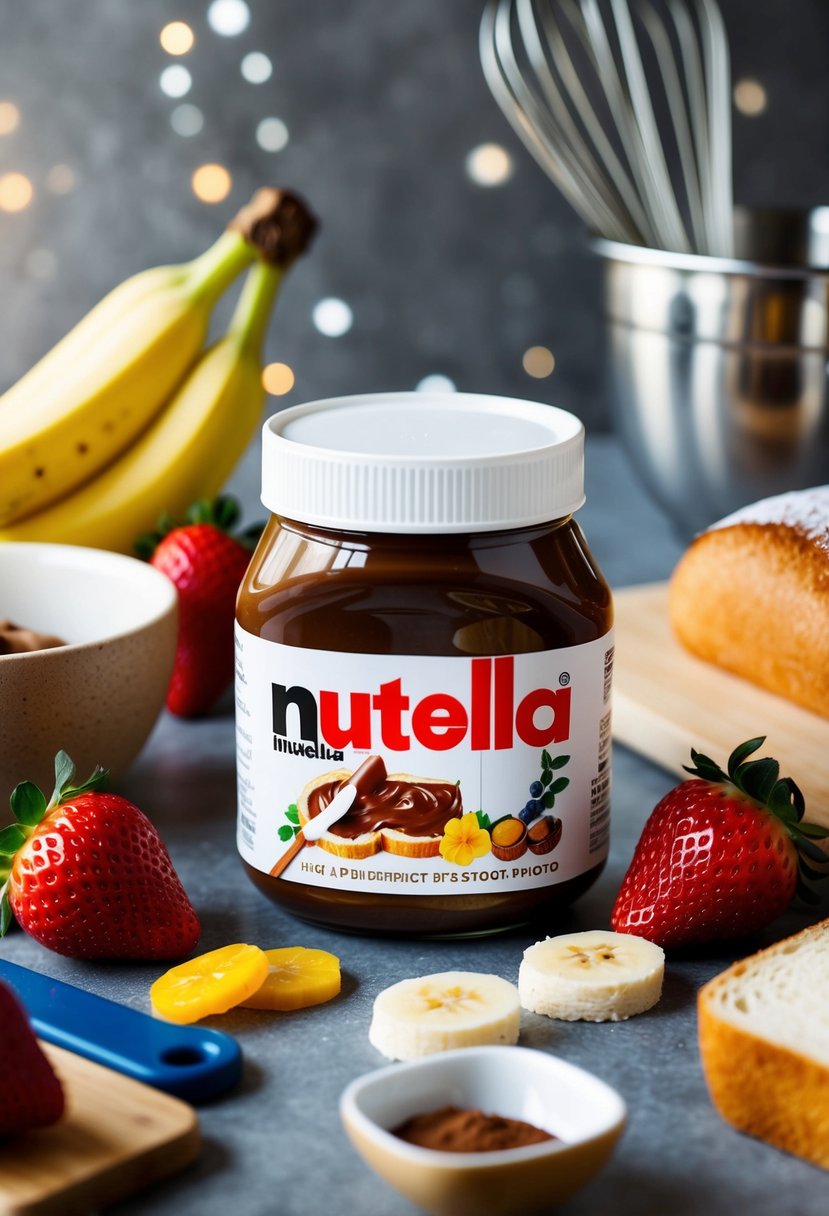 A jar of Nutella surrounded by various ingredients like strawberries, bananas, and bread, with a mixing bowl and utensils nearby