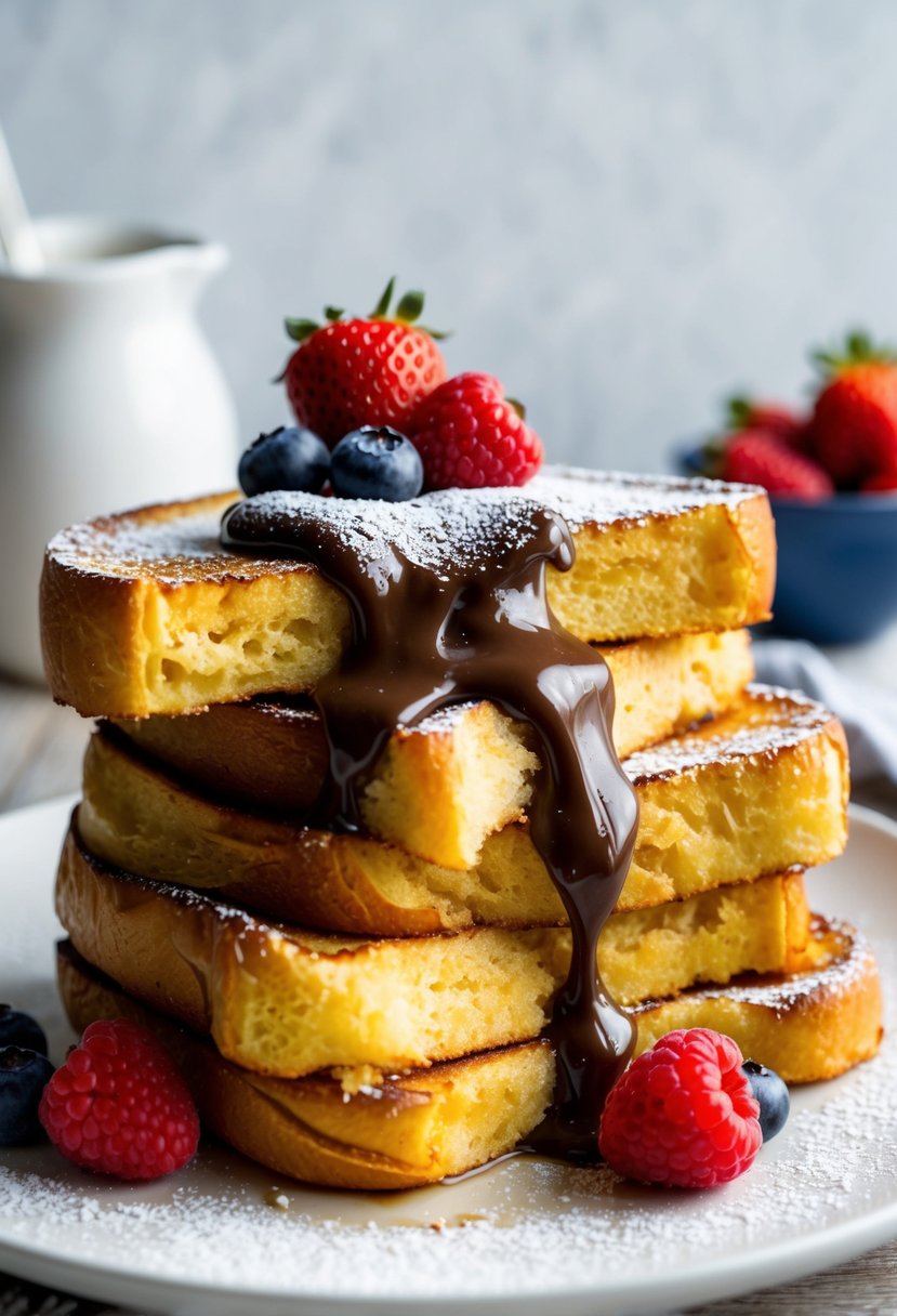 Two slices of thick, golden French toast oozing with warm Nutella, topped with a dusting of powdered sugar and fresh berries